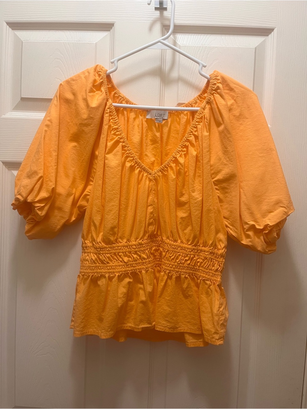 LOFT Bright Orange Puff-Sleeve Smocked Peplum Blouse
